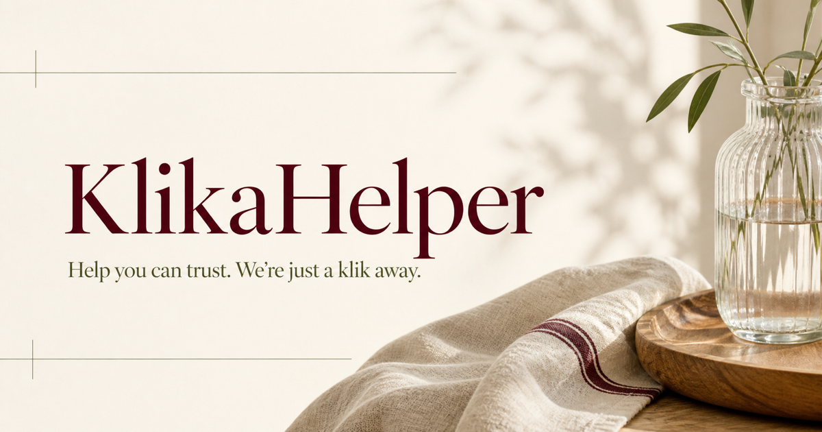 KlikaHelper — cream linen, natural greenery and burgundy branding